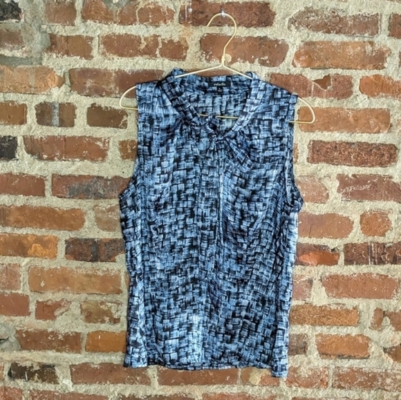 Rafaella Blue & Black Woven Pattern Sleeveless Blouse w/ Tie at Neck - Picture 1 of 11